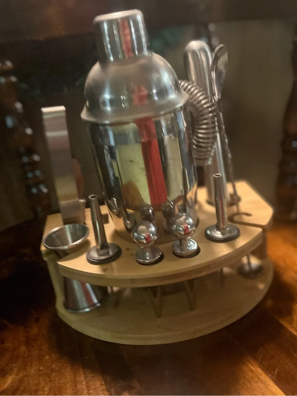 Stainless Steel Cocktail Bar Set with Bamboo Stand - Silver